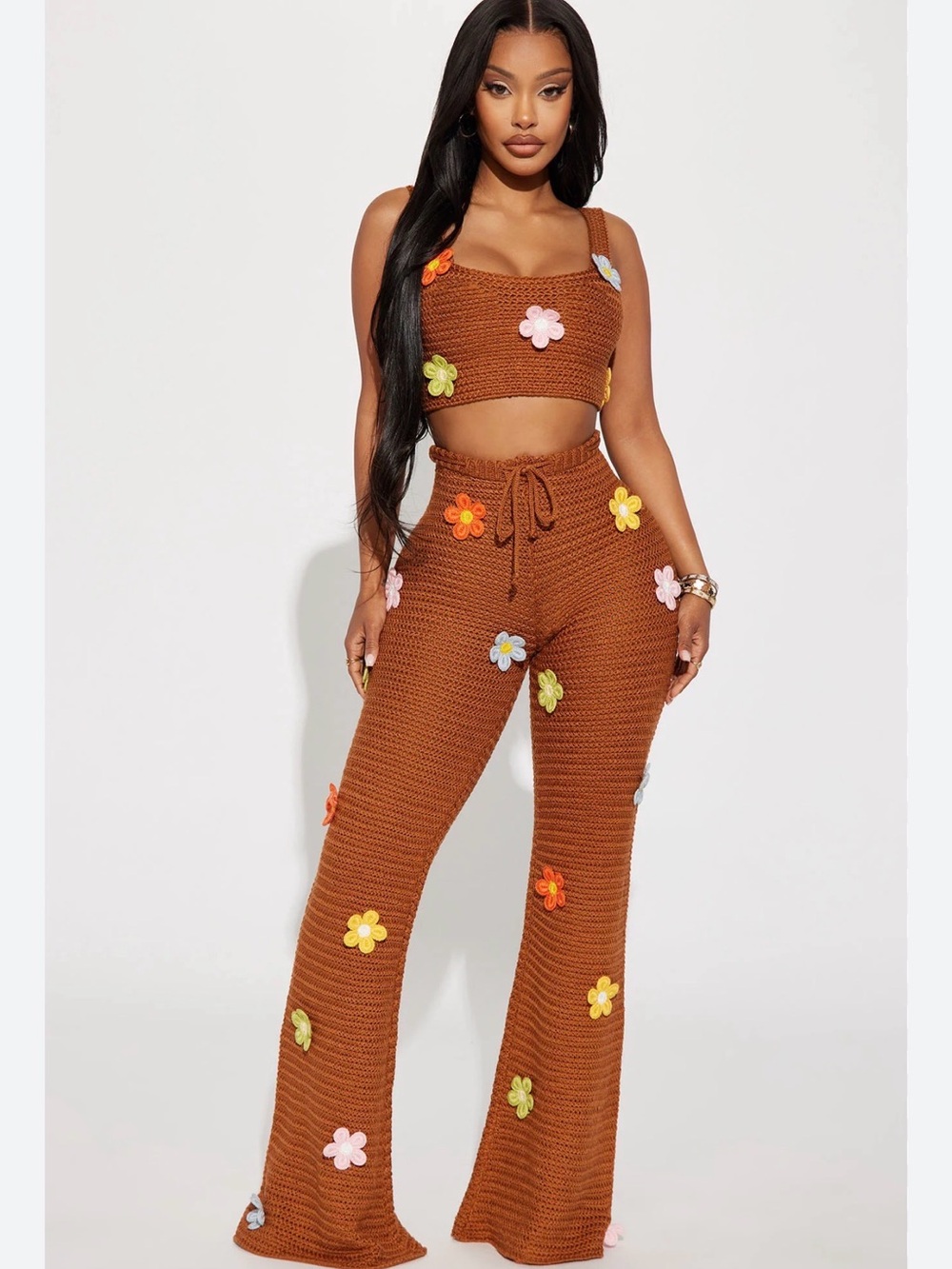 Fashion Nova Brown Crochet Wide Leg Pants with Floral Appliqués